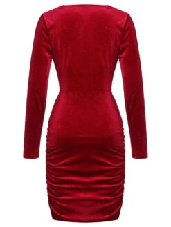 Red 1960s Swing Collar Velvet Pencil Dress -BUNBUN Fancy Clothing Shop SCHL001150 2 compressed