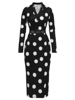 Black 1960s Polka Dot V-Neck Dress