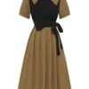 Khaki 1940s Fake 2PCS Lapel A-Line Dress -BUNBUN Fancy Clothing Shop SCHL001275 1