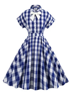 1950s Plaid Bow Lapel Swing Dress -BUNBUN Fancy Clothing Shop SCHL001476 NB 1