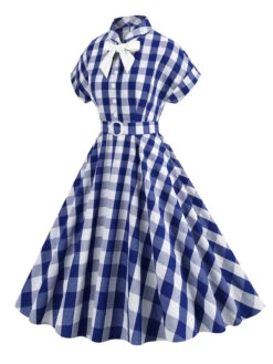 1950s Plaid Bow Lapel Swing Dress -BUNBUN Fancy Clothing Shop SCHL001476 NB 2