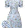 Blue 1960s Puff Sleeve Floral Plaid Dress 1 Blue 1960s Puff Sleeve Floral Plaid Dress -BUNBUN Fancy Clothing Shop SCHL001562