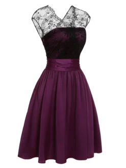 Dark Purple 1950s Lace Patchwork V-Neck Dress -BUNBUN Fancy Clothing Shop SCHL001840 2