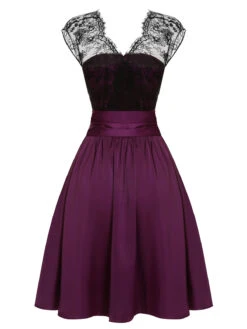 Dark Purple 1950s Lace Patchwork V-Neck Dress -BUNBUN Fancy Clothing Shop SCHL001840 3