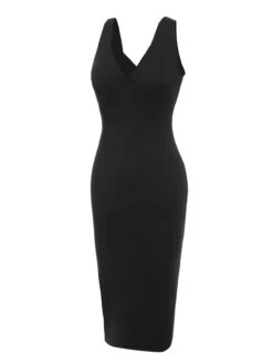Black 1960s V-Neck Solid Bodycon Dress -BUNBUN Fancy Clothing Shop SCHL002063 2