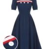 Dark Blue 1930s Square Neck Button Puff Dress -BUNBUN Fancy Clothing Shop SCHL002068 01