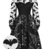 Black 1950s Halloween Bat Mesh Sleeved Dress -BUNBUN Fancy Clothing Shop SCHL002086 01