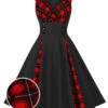 Red & Black 1950s Plaid V-Neck Dress -BUNBUN Fancy Clothing Shop SCHL002106 B 1