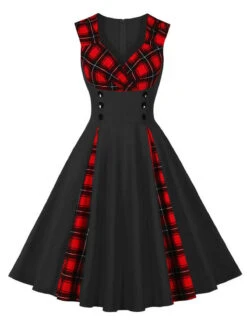 Red & Black 1950s Plaid V-Neck Dress -BUNBUN Fancy Clothing Shop SCHL002106 B 4