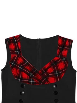 Red & Black 1950s Plaid V-Neck Dress -BUNBUN Fancy Clothing Shop SCHL002106 B 6