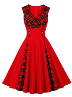 Red & Black 1950s Plaid V-Neck Dress -BUNBUN Fancy Clothing Shop SCHL002106 R 6