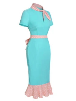 Turquoise 1930s Polka Dots Ruffles Dress -BUNBUN Fancy Clothing Shop SCHL002186 2