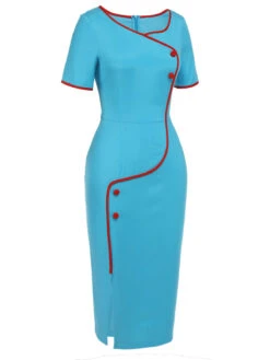 Royal Blue & Red 1960s Button Pencil Dress -BUNBUN Fancy Clothing Shop SCHL002187 2
