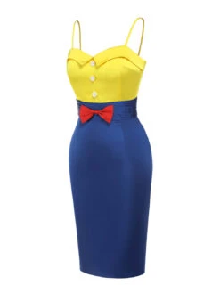Yellow & Blue 1960s Bow Strap Pencil Dress -BUNBUN Fancy Clothing Shop SCHL002207 2