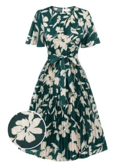 Green 1940s Floral Pleated Belt Dress
