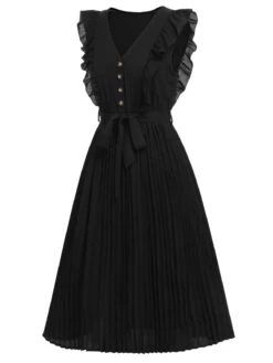 Black 1940s Solid Flying Sleeve Pleated Dress -BUNBUN Fancy Clothing Shop SCHL002328 2