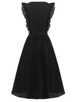 Black 1940s Solid Flying Sleeve Pleated Dress -BUNBUN Fancy Clothing Shop SCHL002328 3