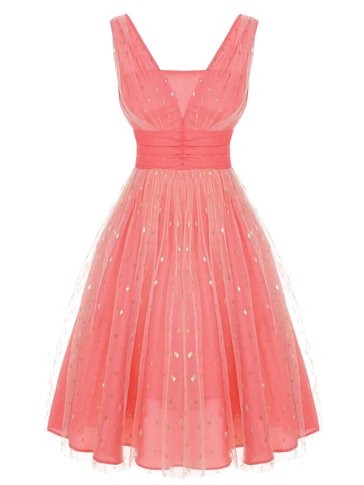 Coral Pink 1950s V-Neck Sequin Dress 4 Coral Pink 1950s V-Neck Sequin Dress - Image 2