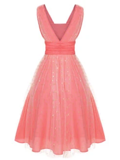 Coral Pink 1950s V-Neck Sequin Dress 12 Coral Pink 1950s V-Neck Sequin Dress -BUNBUN Fancy Clothing Shop SCHL002377 3