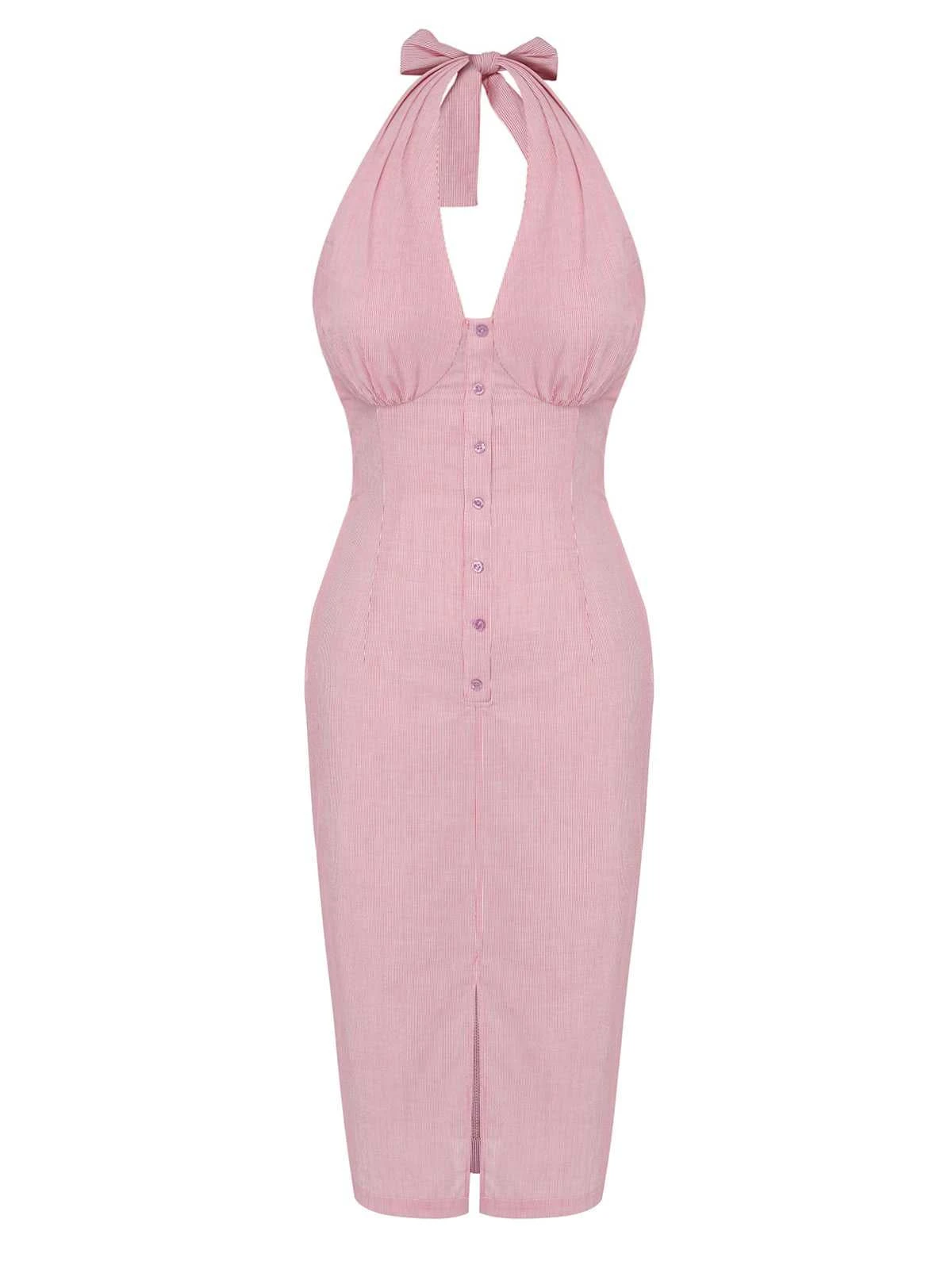 Pink 1960s Halter Stripes Slit Dress 4 Pink 1960s Halter Stripes Slit Dress - Image 2