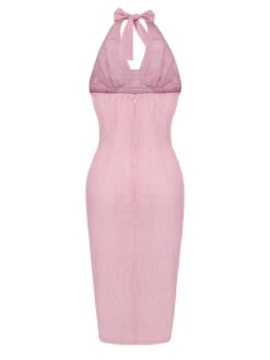 Pink 1960s Halter Stripes Slit Dress 12 Pink 1960s Halter Stripes Slit Dress -BUNBUN Fancy Clothing Shop SCHL002381 3 compressed