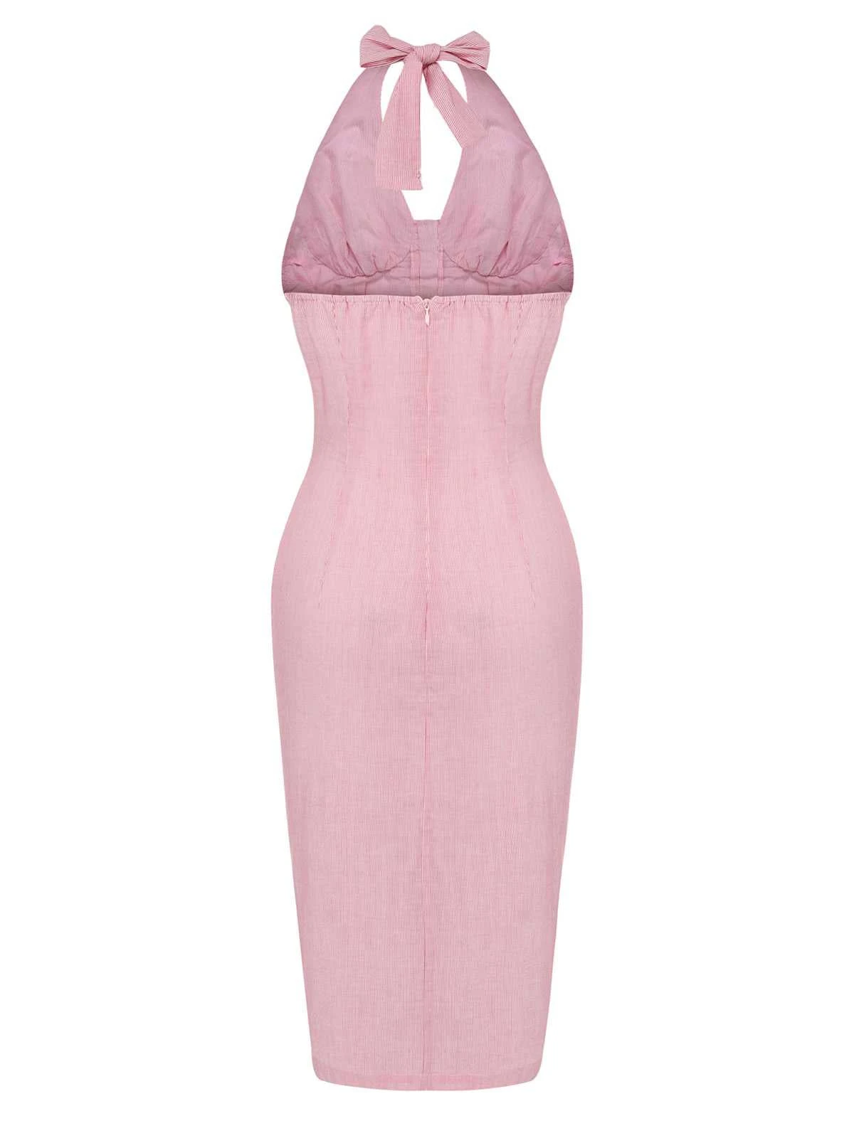 Pink 1960s Halter Stripes Slit Dress 6 Pink 1960s Halter Stripes Slit Dress - Image 4