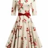 Beige 1950s Floral Half Sleeve Belted Dress -BUNBUN Fancy Clothing Shop SCHL002471 BE