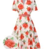 Beige 1950s Roses Lapel Dress With Belt -BUNBUN Fancy Clothing Shop SCHL002493 01