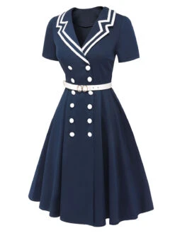 Dark Blue 1950s Sailor Style Double Breasted Dress -BUNBUN Fancy Clothing Shop SCHL002511 2