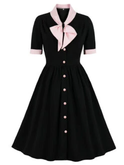 1940s Color Contrast Button Lapel Bow Dress -BUNBUN Fancy Clothing Shop SCHL002513 B 1
