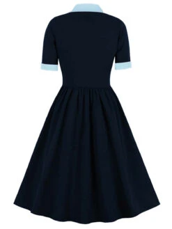 1940s Color Contrast Button Lapel Bow Dress -BUNBUN Fancy Clothing Shop SCHL002513 RBL 1