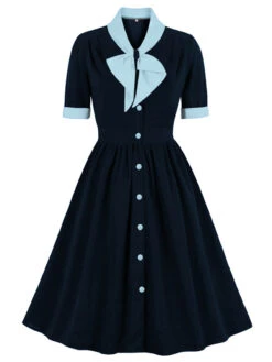 1940s Color Contrast Button Lapel Bow Dress -BUNBUN Fancy Clothing Shop SCHL002513 RBL 2