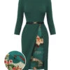 Dark Green 1940s Chinese Style Floral Belt Dress -BUNBUN Fancy Clothing Shop SCHL002516 01