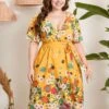 [Plus Size] Yellow 1950s V-Neck Belted Floral Dress -BUNBUN Fancy Clothing Shop SCHL002550 3