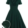 [Plus Size] Dark Green 1950s V-Neck Solid Swing Dress -BUNBUN Fancy Clothing Shop SCHL002586 01