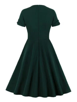 [Plus Size] Dark Green 1950s V-Neck Solid Swing Dress -BUNBUN Fancy Clothing Shop SCHL002586 2