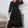 [Plus Size] Black 1940s Long Sleeve Solid Lace Dress -BUNBUN Fancy Clothing Shop SCHL002609 B