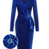 Dark Blue 1960s V-Neck Pleated Velvet Dress