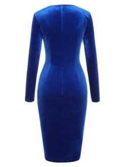 Dark Blue 1960s V-Neck Pleated Velvet Dress 12 Dark Blue 1960s V-Neck Pleated Velvet Dress -BUNBUN Fancy Clothing Shop SCHL002632 3