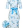Sky Blue 1960s Floral Belted Pencil Dress 2 Sky Blue 1960s Floral Belted Pencil Dress -BUNBUN Fancy Clothing Shop SCHL002633 01 compressed