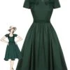 Green 1950s Solid Bow Square Collar Dress -BUNBUN Fancy Clothing Shop SCHL002640 01