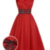 Red 1950s Christmas Plaids Off-Shoulder Dress -BUNBUN Fancy Clothing Shop SCHL002641 01