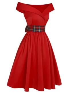 Red 1950s Christmas Plaids Off-Shoulder Dress 11 Red 1950s Christmas Plaids Off-Shoulder Dress -BUNBUN Fancy Clothing Shop SCHL002641 2