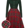 Green&Red 1950s Square Neck Plaids Long Sleeve Dress 1 Green&Red 1950s Square Neck Plaids Long Sleeve Dress -BUNBUN Fancy Clothing Shop SCHL002648 01