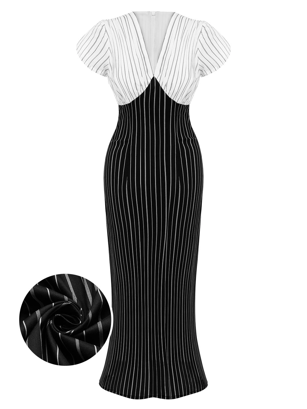 Black&White 1930s Striped Deep V-Neck Patchwork Dress 3 Black&White 1930s Striped Deep V-Neck Patchwork Dress