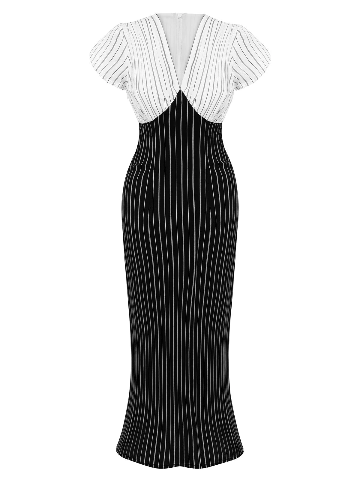 Black&White 1930s Striped Deep V-Neck Patchwork Dress 4 Black&White 1930s Striped Deep V-Neck Patchwork Dress - Image 2