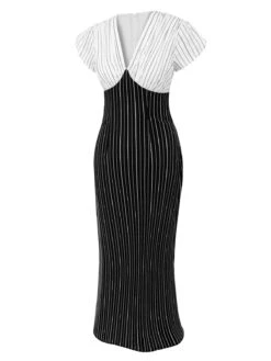 Black&White 1930s Striped Deep V-Neck Patchwork Dress 11 Black&White 1930s Striped Deep V-Neck Patchwork Dress -BUNBUN Fancy Clothing Shop SCHL002651 2