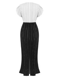 Black&White 1930s Striped Deep V-Neck Patchwork Dress 12 Black&White 1930s Striped Deep V-Neck Patchwork Dress -BUNBUN Fancy Clothing Shop SCHL002651 3
