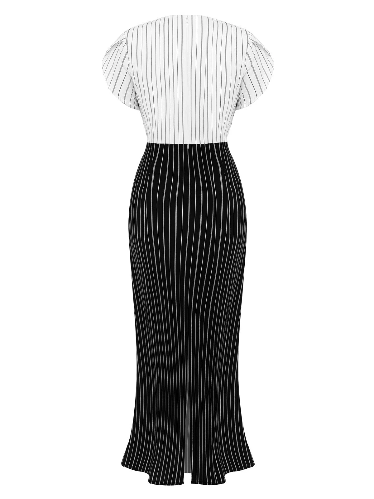 Black&White 1930s Striped Deep V-Neck Patchwork Dress 6 Black&White 1930s Striped Deep V-Neck Patchwork Dress - Image 4