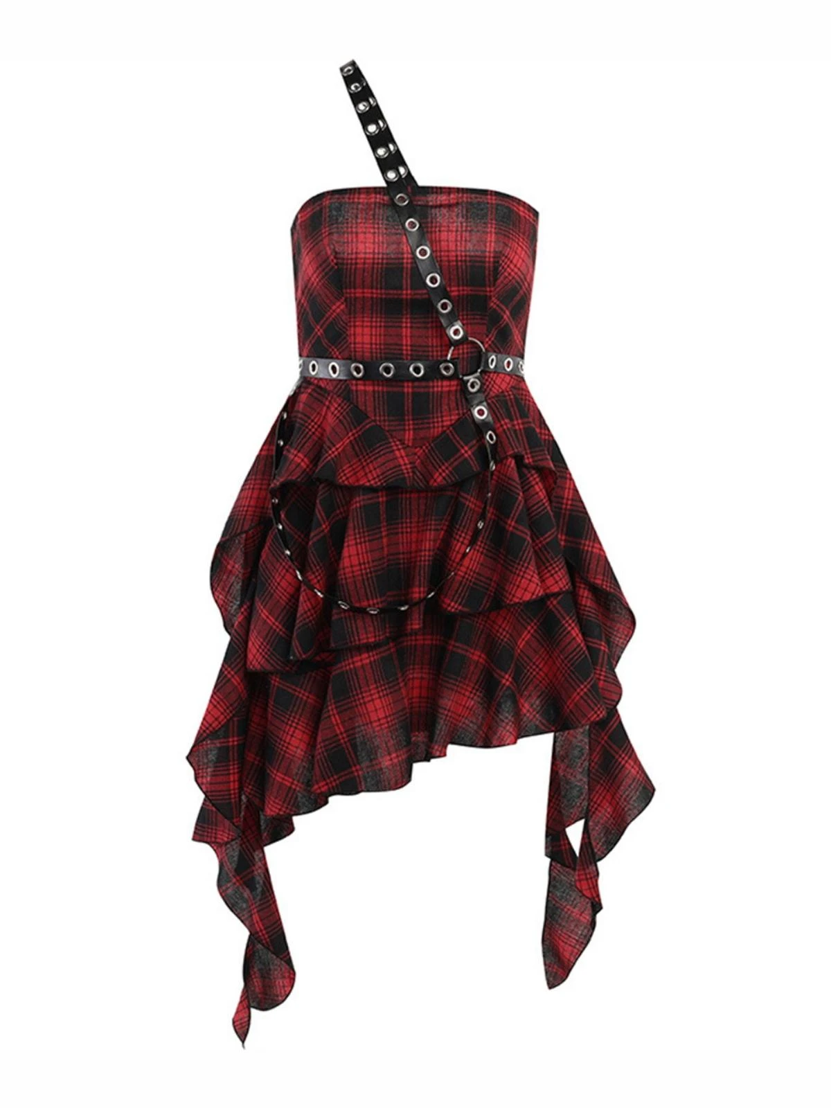Red 1960s Gothic One-Shoulder Plaid Dress 3 Red 1960s Gothic One-Shoulder Plaid Dress